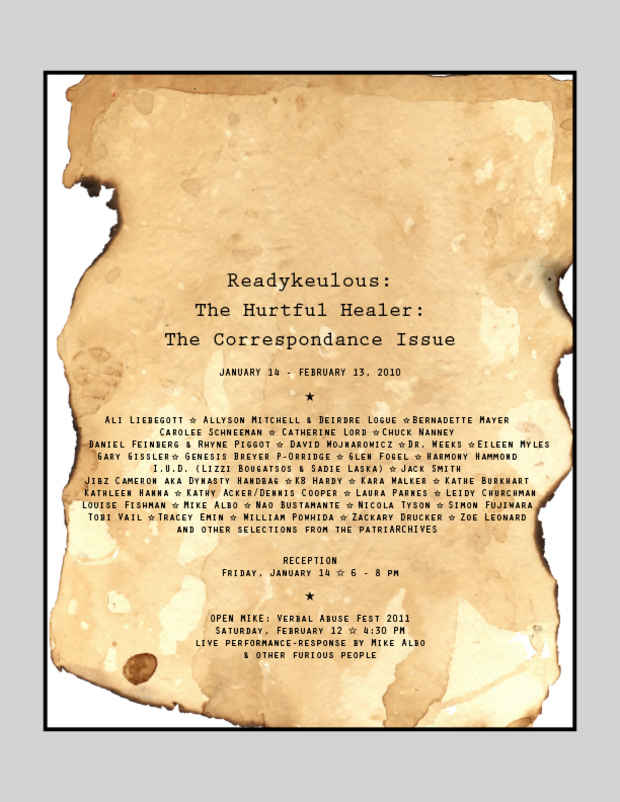 poster for "Readykeulous: The Hurtful Healer: The Correspondance Issue" Exhibition