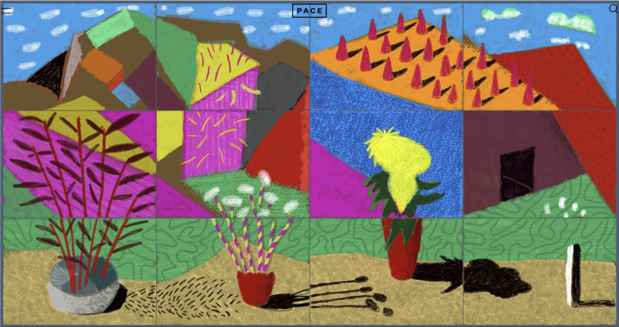 poster for David Hockney “20 Flowers and Some Bigger Pictures”