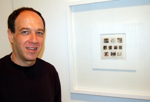 Artist Alex Stein at Safe-T Gallery. He does not endorse viewing his paintings with the magnifying glass provided by the gallery. Where's the challenge in that? Photo © 2008 Matt Schlecht.