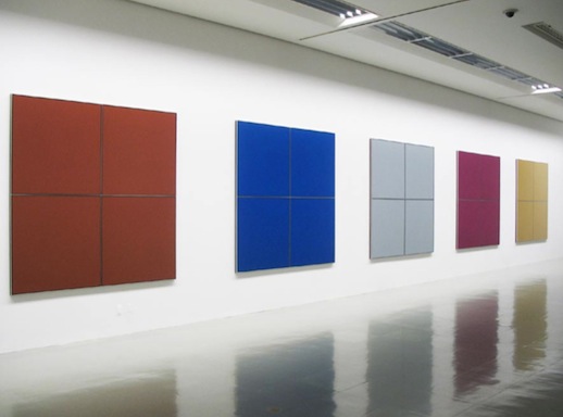 Tadaaki Kuwayama 'Untitled: brown, blue, gray, purple, beige'(1966) acrylic on canvas with aluminum strips (each 4 panels) 210.8 x 210.8 cm Collection of the Museum of Contemporary Art, Tokyo. Exhibition view of “Out of Silence: Tadaaki Kuwayama” 2010, Nagoya City Art Museum. Photo: Sakae Fukuoka.