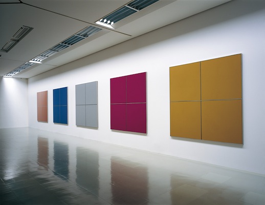 Tadaaki Kuwayama 'Untitled: brown, blue, gray, purple, beige'(1966) acrylic on canvas with aluminum strips (each 4 panels) 210.8 x 210.8 cm Collection of the Museum of Contemporary Art, Tokyo. Exhibition view of “Out of Silence: Tadaaki Kuwayama” 2010, Nagoya City Art Museum. Photo: Sakae Fukuoka.