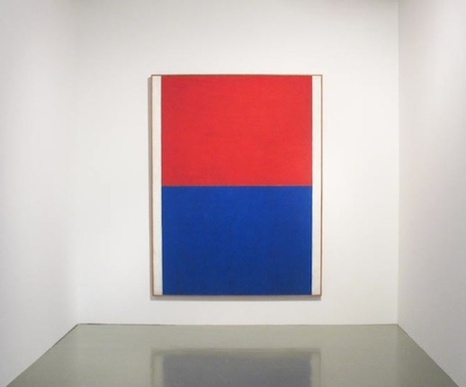 Tadaaki Kuwayama 'Untitled: red and blue' (1961) acrylic, pigment with silver leaf on japanese paper mounted on canvas (1 panel) 216.2 x 166.2 cm. Collection of the Nagoya City Art Museum. Exhibition view of “Out of Silence: Tadaaki Kuwayama” 2010, Nagoya City Art Museum. Photo: Sakae Fukuoka.