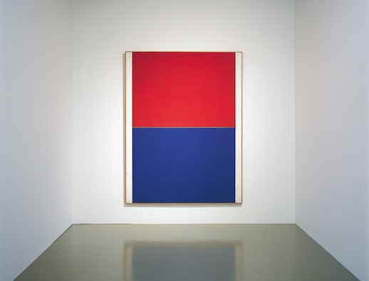 Tadaaki Kuwayama 'Untitled: red and blue' (1961) acrylic, pigment with silver leaf on japanese paper mounted on canvas (1 panel) 216.2 x 166.2 cm. Collection of the Nagoya City Art Museum. Exhibition view of “Out of Silence: Tadaaki Kuwayama” 2010, Nagoya City Art Museum. Photo: Sakae Fukuoka.