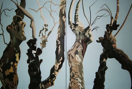 Mary Hrbacek, "Creature Camouflage Diptych,"  acrylic on linen, 46 x 72," 2012