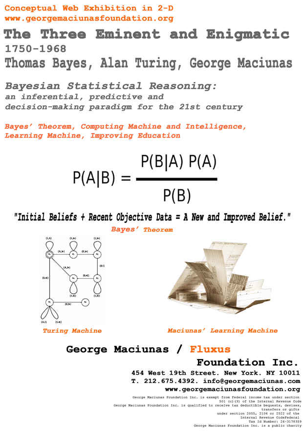 poster for Thomas Bayes, Alan Turing, and George Maciunas "The Three Eminent and Enigmatic"