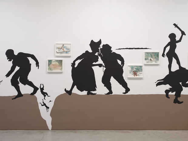 poster for Kara Walker "The Nigger Huck Finn Pursues Happiness Beyond the Narrow Constraints of your Overdetermined Thesis on Freedom - Drawn and Quartered by Mister Kara Walkerberry, with Condolences to The Authors"