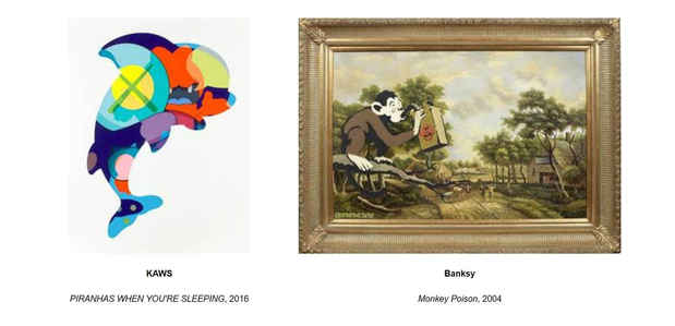 poster for “Ten Monkeys and a Dolphin: Banksy & KAWS” Exhibition